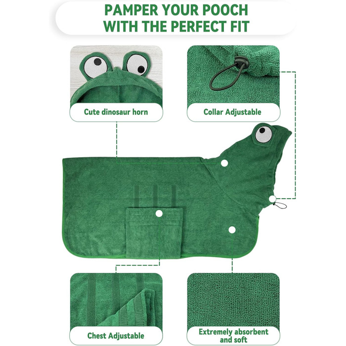 Рушник для собак JOLOV E Dog, супер вбираючий, для сушіння після купання, м'який, з регульованою застібкою, для лазні, плавання, прогулянок у дощ, розмір L, колір зелений, зображення жаби
