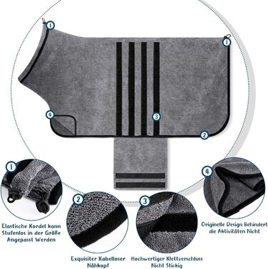 Рушник для собак з мікрофібри, сірий, XL. Швидковисихаючий, з клямками та регульованою стрічкою. Для великих, середніх та маленьких собак