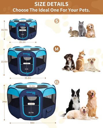 КінгКемп Переносний вольєр для собак, вольєр для цуценят, складаний вольєр для домашніх тварин, намет для собак з сумкою, для використання в приміщенні та на вулиці, знімний блискавкою низ, розмір S (вольєр для тварин з 8 панелей, блакитний)