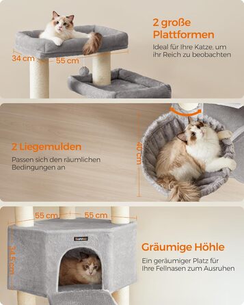 Декілька поверхів, великий котячий будиночок Feandrea, XXL, 55 x 55 x 186,7 см, товсті сизалеві стовпи (11 см), для великих котів (наприклад, мейн-кун), сірий та чорний котячий будиночок, PCT008G02