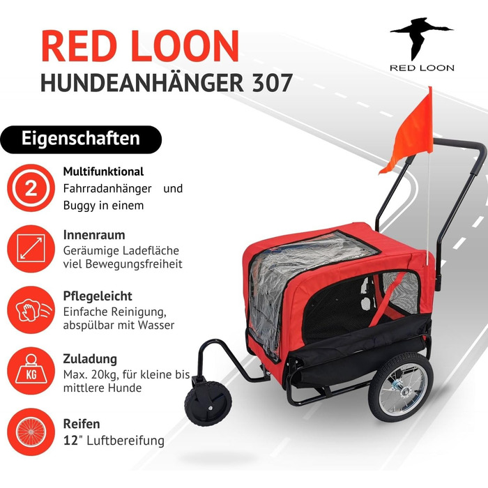 Фаркоп для собак Red Loon Mini - вело- та біговий причіп для собак, легкий переобладнання, світловідбивачі, комплект для бігу, червоний/чорний, вантажопідйомність до 20 кг