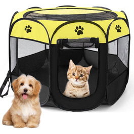 Клітка-забіг для цуценят та тварин, 74x74x43 см. Клітка-вольєр для собак, котів, кроликів та дрібних тварин для використання в приміщенні та на вулиці (жовта, восьмикутна)