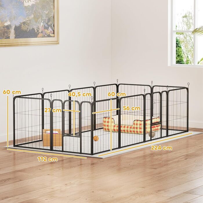 PawHut Вольєр для собак, сталевий вольєр з 12 панелей, розкладний, портативний, 60H см, 2 двері, для малих собак, внутрішній та зовнішній, чорний, 12P, 168 x 168 x 60 см