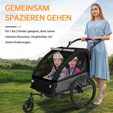 Дитячий велопричіп 2в1 з функцією коляски та бігуна, амортизація, регульована ручка-штовхач та гальма, для 1-2 дітей, до 40 кг, чорний