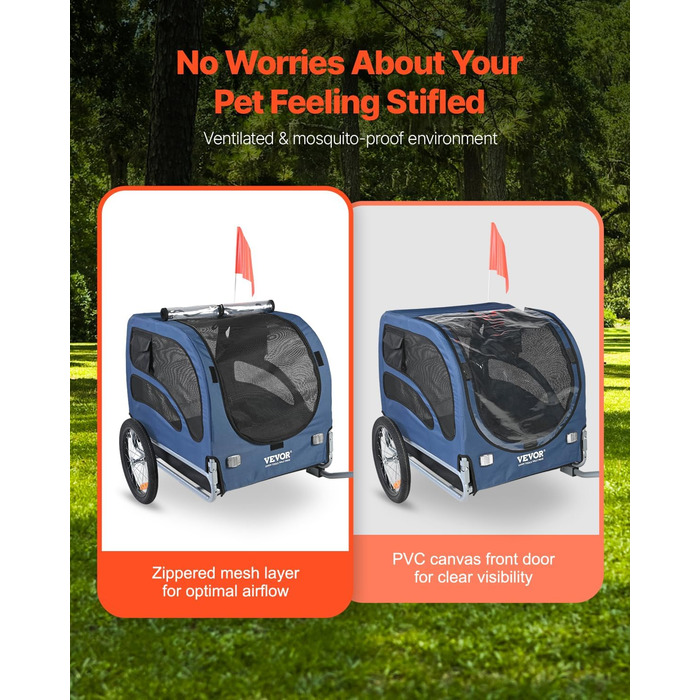 VEVOR Причіп для собак, вантажопідйомність до 45,4 кг, легкий, складна конструкція, універсальний кріплення, відбивачі, прапор