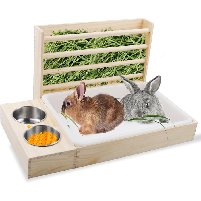 Фунтерійка для сіна PINVNBY 3-в-1 з туалетом для котів та годівницями, для кроликів та морських свинок