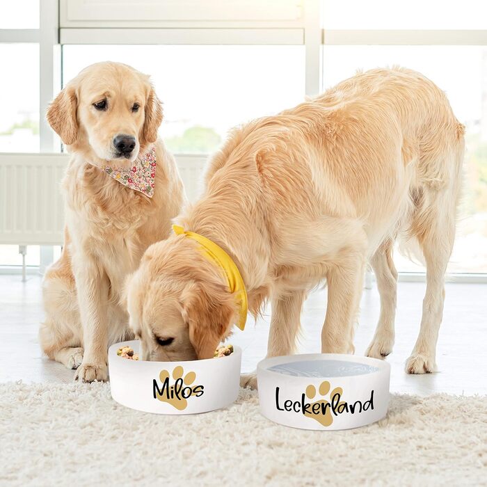 Керамічний подвійний миска з іменем для собак та котів 'Велика лапа' - персоналізований набір мисок з/без підставки | Миска для собак, годівниця, миска для їжі | Годівниця (2x 1300 мл)