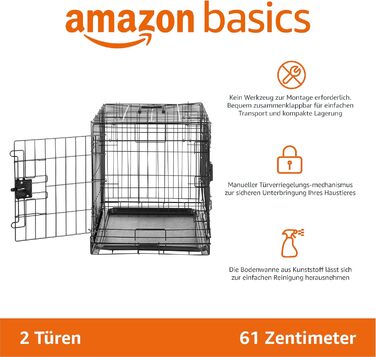 Складаний металевий вольєр-клітка для собак Amazon Basics з подвійними дверима та піддоном, чорний, 61×46×49 см