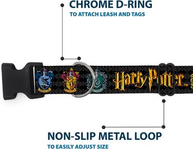 Нашийник для собак Harry Potter, пластикова застібка, чорний, 50,8-79,9 см, ширина 3,8 см, факультети Гафелпаф, Рейвенклов, Ґрифіндор, Слизерин