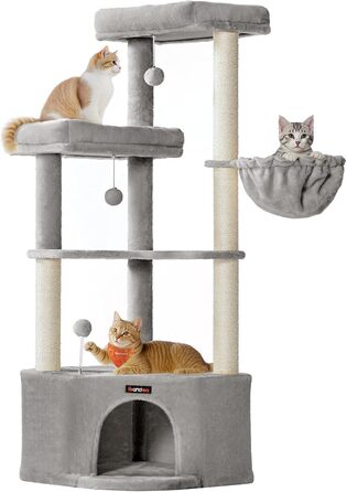 Дряпка для котів Feandrea, кігтеточка з лежаком, платформами та іграшками, 140.7 см, сірий PCT009G01