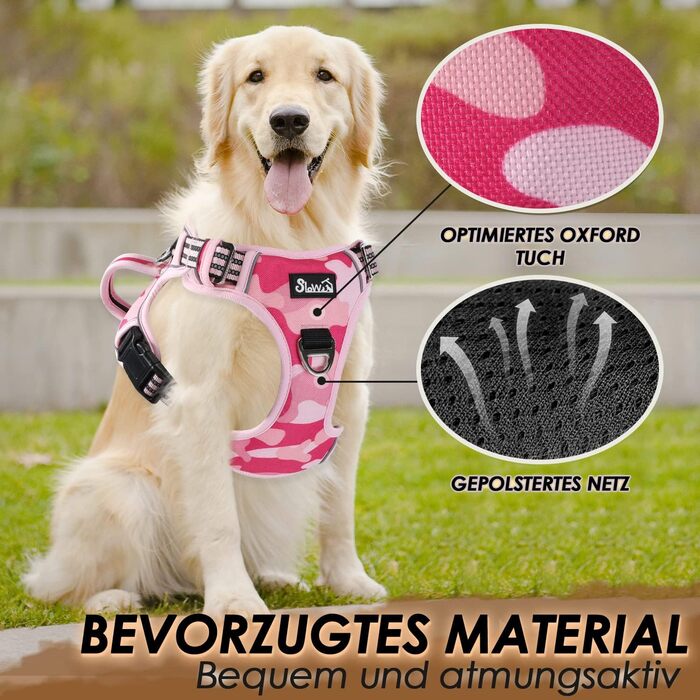 Нашийник для собак великих порід, шлейка з анти-тяговою конструкцією, 2 карабіни, зручна ручка, регульована та світловідбиваюча, для щоденних тренувань (L, XL), камуфляжний рожевий
