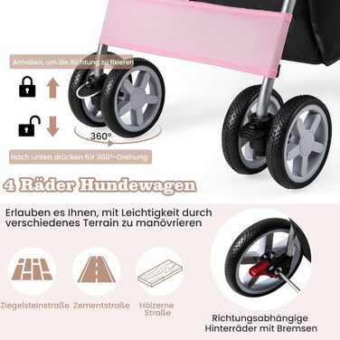 Візок для тварин GYMAX: розкладний, для котів та собак до 15 кг, з кошиком, захистом від дощу та сіткою, 4 колеса (Рожевий)