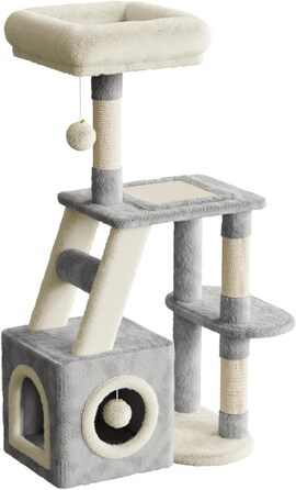 Клітка-когтеточка для котів Dogat 107 см, багатоярусна з когтеточкою, лежаком, будиночком та ігровим м'ячиком (сіра/бежева)