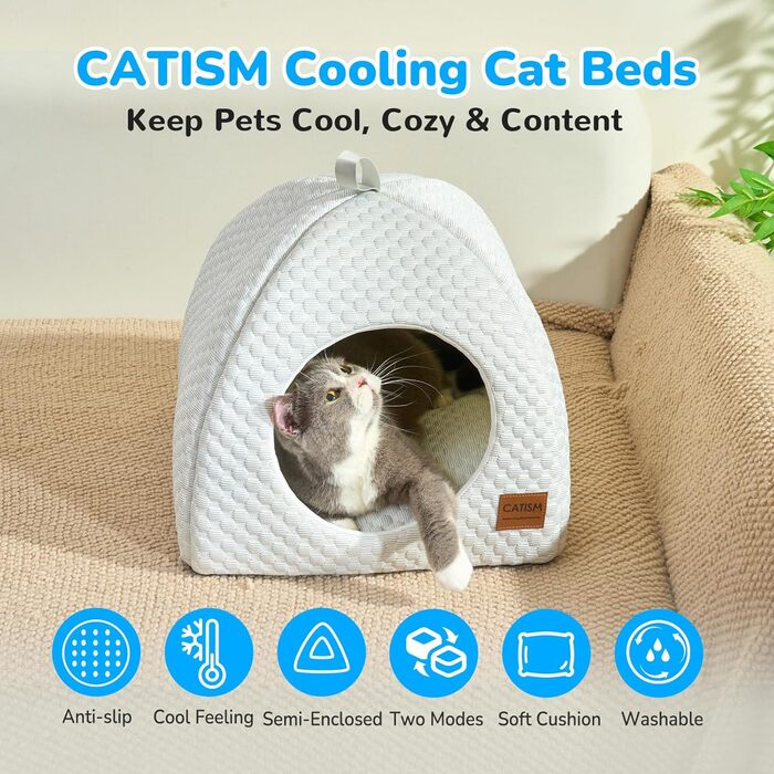CATISM Котяча хатка для дому, 2-в-1 охолоджуюче ліжко-купол для котів, складана м’яка лежанка з подушкою, прана, сірий/білий