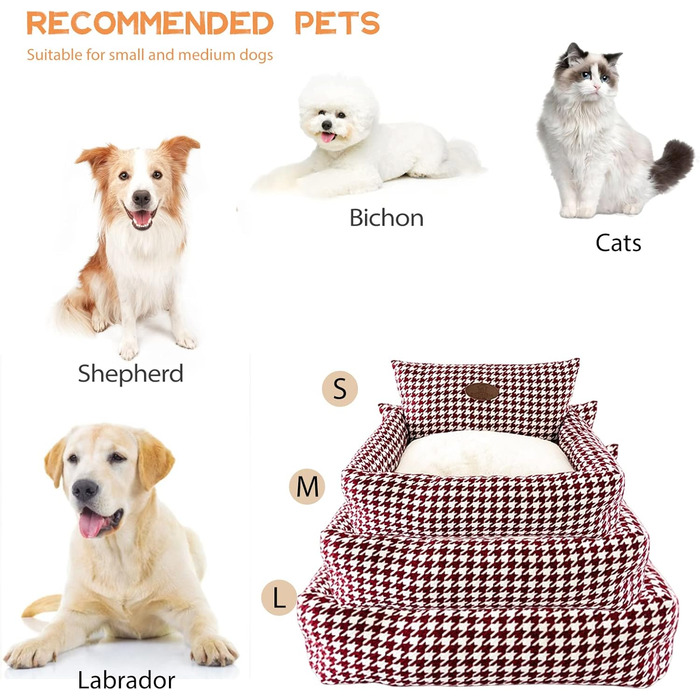 Ортопедичне ліжко для собак PETCUTE, кошик для собак, миється, нековзне, супер м'яке ліжко для домашніх тварин з знімним подушкою, кошик для собак та великих котів та собак, Коричневий (S, Бордовий)