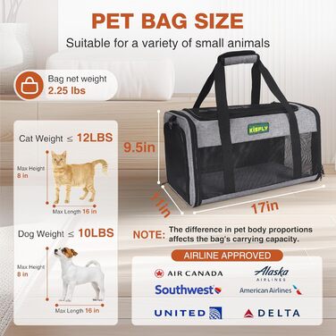 Транспортувальна сумка для тварин, схвалена TSA, сіра, 43.2 x 27.9 x 24.1 см, для котів та собак до 5.4 кг, з туалетом для котів