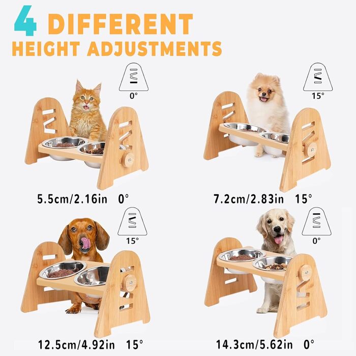 Набір мисок для собак та котів SilverChry: підняті миски з нержавіючої сталі, регульована висота, бамбукова годівниця, 2 шт.