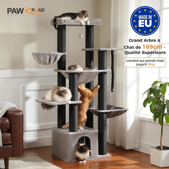 Когтеточка для великих котів PAWZ Road XXL 169 см, стабільна, з гамаками, 13 стовпцями з сизалю, великою лежанкою, будиночком, кошиками, чорна, вироблено в ЄС