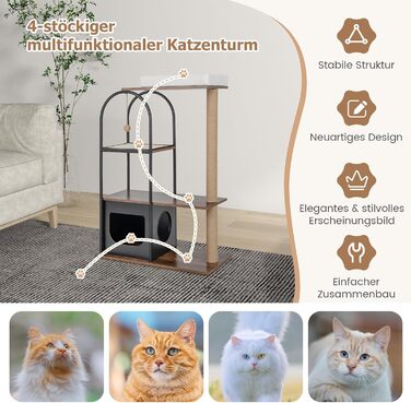 Дерев'яний кігтеточки для котів Costway з будиночком, 118 см, з ліжком, іграшкою та килимком, металевий каркас, 4 рівні, вінтажний дизайн (чорний)