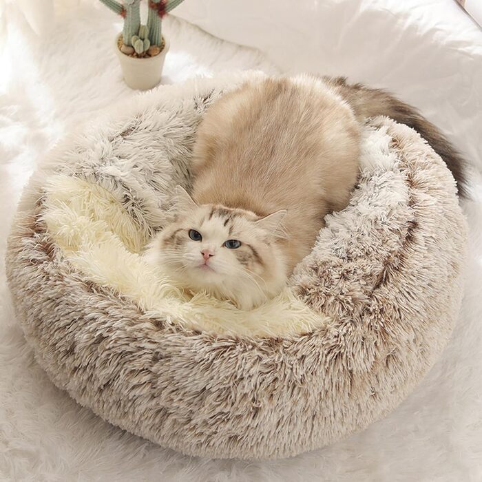 Кругле ліжко-печеринка для котів та собак, м'яке плюшеве, з капюшоном, 60x60 см (Кофе)