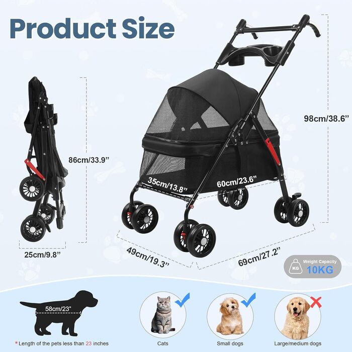 Транспортувальна візок для собак, легкий та складаний, з регульованим козирком, анти-вислизання, гальма та багажник (до 10 кг), чорний