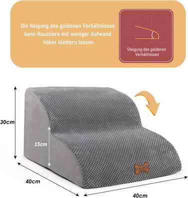 Сходинки для собак Caliyo: 3 сходинки, для маленьких собак, з високощільним губчатим матеріалом, знімний та миючий чохол, неслизьке дно (60 x 40 x 40 см, сірий)