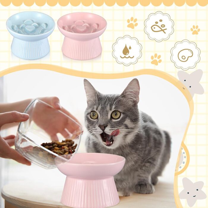 Підвищені миски для котів Layhit з кераміки, проти блювоти, для сухого та вологого корму, для кошенят, блакитні та рожеві, 2 шт.