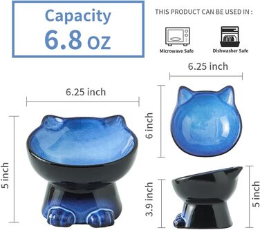 Підвищений миска для кота Nihow, 16.25 см, кераміка, для здоров'я спини, миється в посудомийній машині, елегантний синьо-чорний (192 мл/1 шт.)
