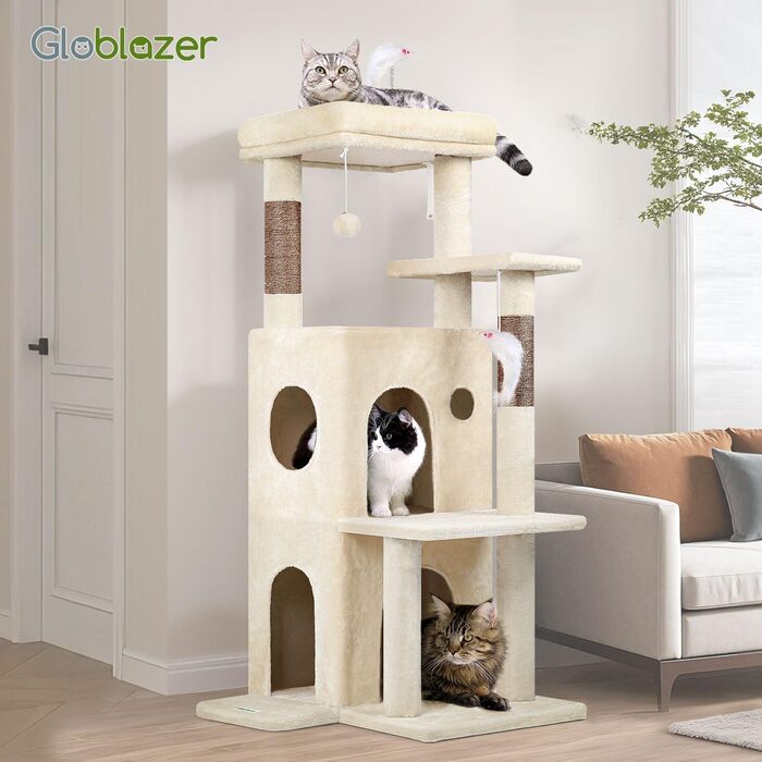 Дерев'яний комплекс для котів Globlazer з будиночком, платформами та іграшками, 127 см, бежевий (XL)