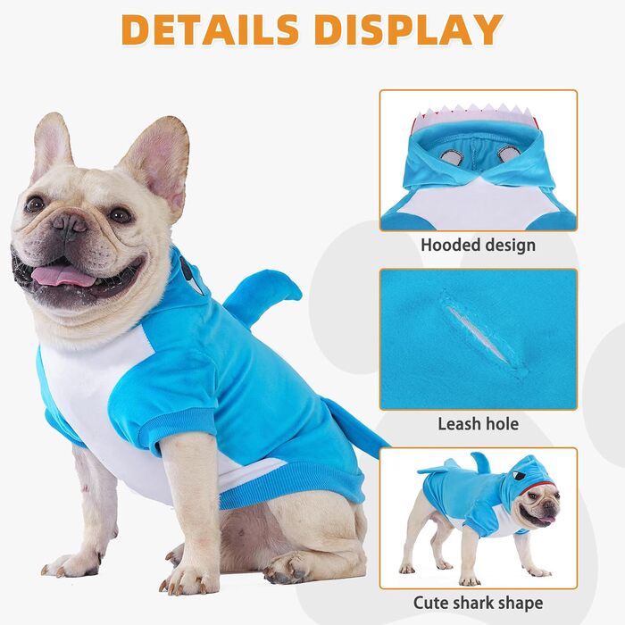 KOOLTAIL Костюм для собак, костюм бджоли, теплий флісовий пуловер з капюшоном, одяг для домашніх тварин, кумедний косплей, карнавальний костюм, захист від холоду, з отвором для повідка (Синій акул, Великий)