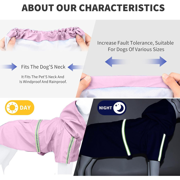 Дощовик для собак PETCUTE з капюшоном, водонепроникний, з світловідбиваючими смугами, регульований, для малих, середніх та великих собак, рожевий S
