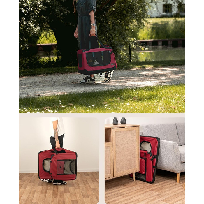 Складана переноска lionto для собак і котів, 50x34x36 см, текстильна транспортна коробка з ручками та килимком, для подорожей і авто, для тварин до 10 кг, темно-червона