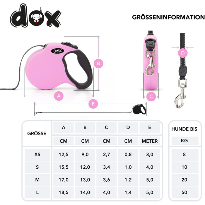 Рулетка для собак DDOXX - міцна, світловідбиваюча, рожева, до 20 кг, 5 м