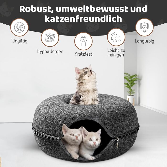 Лежак-донат PAWSAGE XXL для котів, 60x60x28 см, темно-сірий, м'який антистресовий тунель-будиночок для котів, флісовий затишний кошик