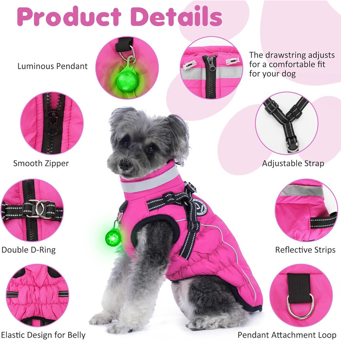 Водонепроникний зимовий одяг для собак HezzLuv, тепла куртка для собак з отвором для повідка, рожевий, 4XL