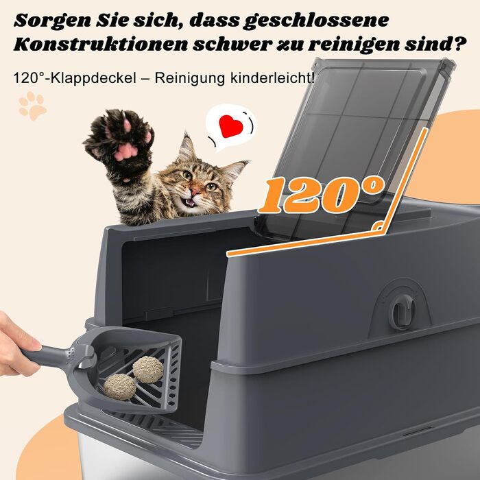 Закритий лоток для котів з нержавіючої сталі FURTIME XL з кришкою, високими бортиками, килимком та контейнером для сміття, темно-сірий (58 x 38 x 38 см)