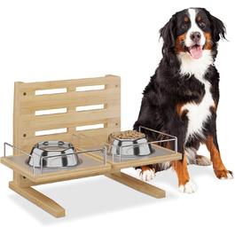 Станція для годування собак Relaxdays, регульована годівниця, HBT: 37x55x36 см, підставка для мисок з силіконовим килимком, бамбук, натуральний дизайн