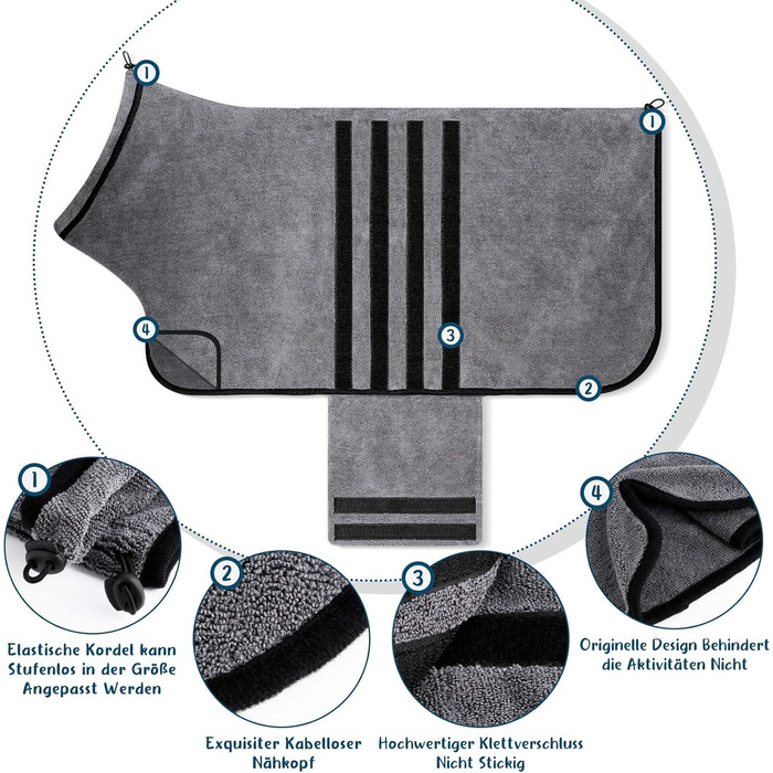 Рушник для собак з мікрофібри, сірий, XL. Швидковисихаючий, з клямками та регульованою стрічкою. Для великих, середніх та маленьких собак