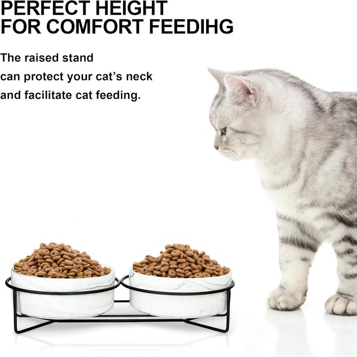 Набір мисок для собак та котів Fanquare з кераміки, сірий мармур, чорний металевий каркас, 400 мл