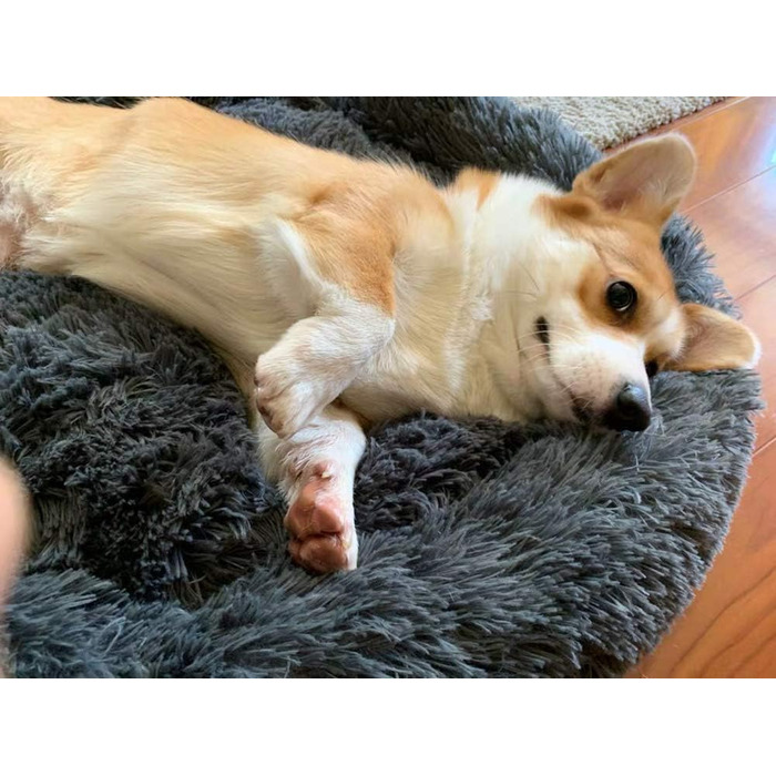 М'яке ліжко-софа для собак Deluxe, кругла, з плюшу, 60 см, для великих та екстра-великих собак та котів, водонепроникне дно, темно-сірий