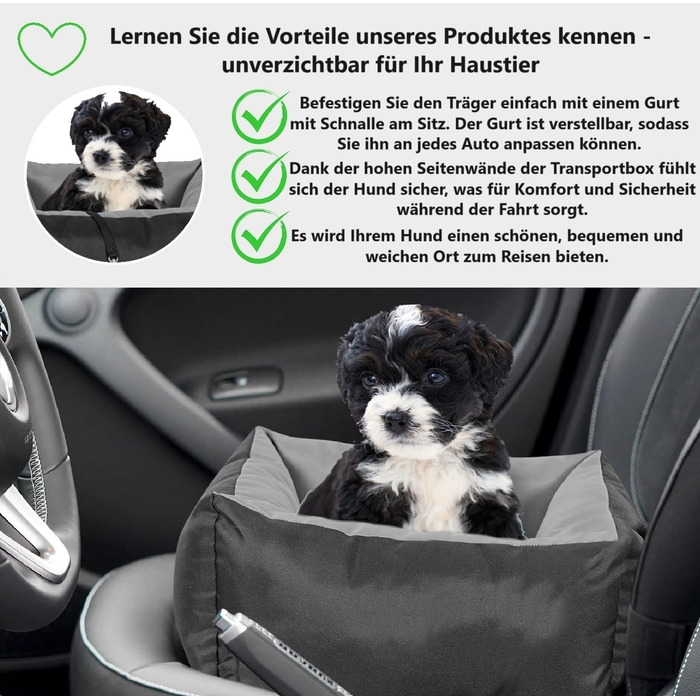 KING DOG Автокрісло для собак до 8 кг. Транспортна переноска для автомобіля з кріпленням на ремінь безпеки та м'яким килимком. Складається, легко миється. Підходить для SUV та легкових автомобілів (55 x 55 см, чорно-сірий)