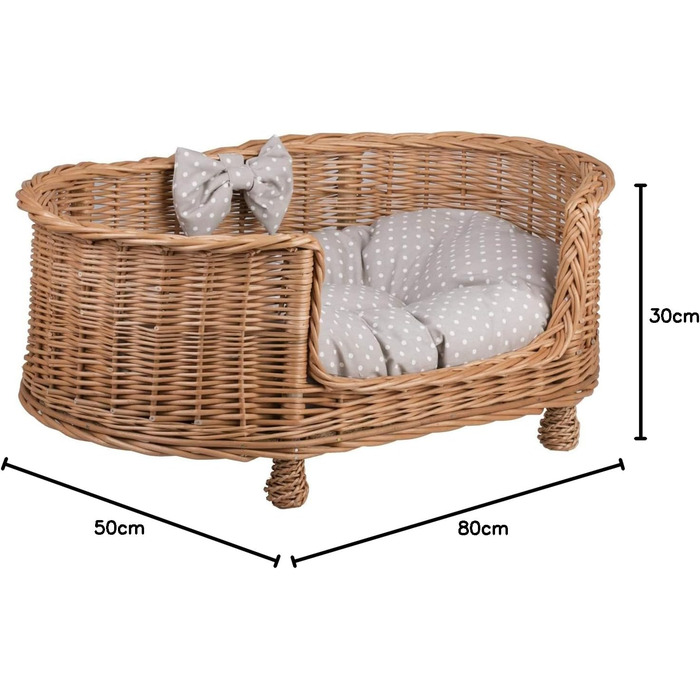 Плетене ліжко для собак і котів e-wicker24 з подушкою, знімна, 79x51x31 см, точковий малюнок, натуральна лоза