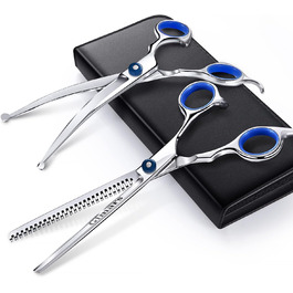 Набір для грумінгу собак та котів Gimars 3 в 1: професійні ножиці з титановим покриттям, безпечні наконечники, прямі, вигнуті та тонкі ножиці, гребінець