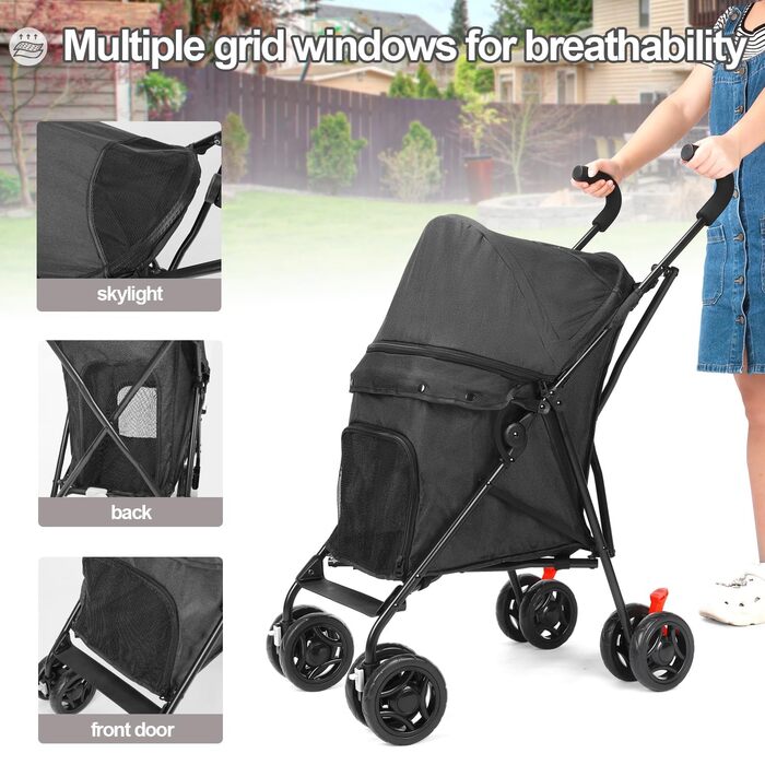 Візок для собак Wedyvko для маленьких собак, 10-9 кг, легкий, складаний, з кошиком для зберігання та тримачем для напоїв, чорний