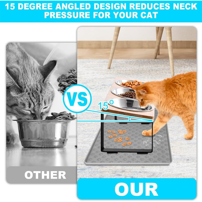 Підвищені годівниці для котів 3 шт. з нержавіючої сталі, 15° нахил, з підставкою з силікону та металевим кріпленням. Миска для корму та води для котів та маленьких собак