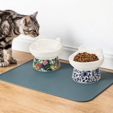 Котло propositions, Підвищена годівниця для котів TIGOADT, керамічна, широка, нахилена, проти блювоти, для кошенят та дорослих котів (блакитно-білий візерунок)