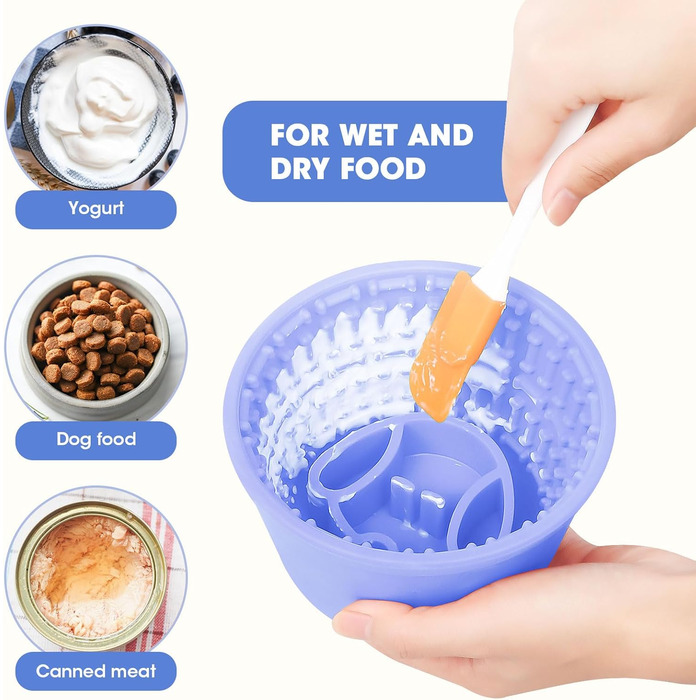 Повільна годівниця для собак, силіконовий лежак для собак, миска для їжі з лежаком, нековзна миска з присосками, миска для собак середніх та великих порід з лопаткою та щіткою, легко миється, блакитна