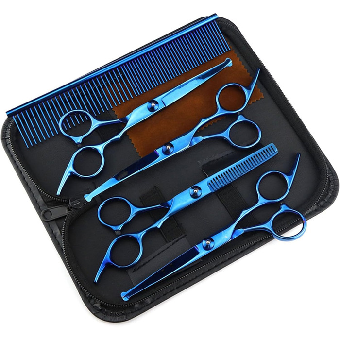 Набір професійних ножиць для грумінгу собак 6-в-1: прямі, зігнуті, для стрижки та розрідження. Ідеально для догляду за шерстю вашого улюбленця.