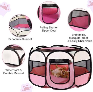 Клітка-бігове подвір'я для тварин BRIMOREA, 74x74x43 см, рожева. Підходить для собак, котів, кроликів та інших дрібних тварин, для дому та вулиці.