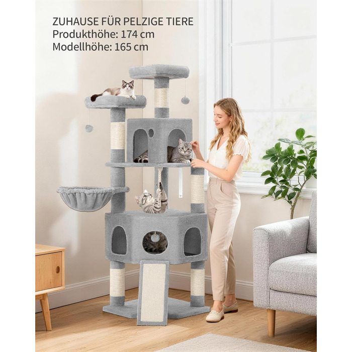 Кігтеточка для котів Hzuaneri, 174 см, XL, 2 платформи, 2 печери, 4 стовпчики, дошка для шліфування кігтів, мотузка з сизалю, плюшеві кульки, сірий колір, для кількох котів MS17418LG